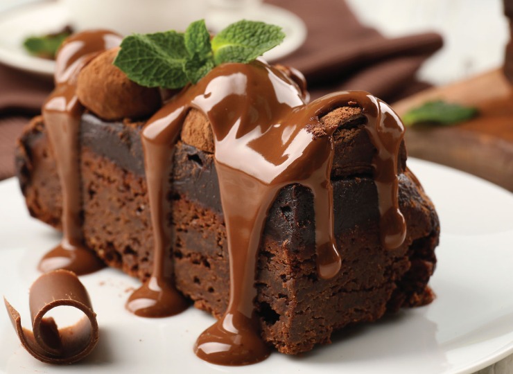 Chocolate cake drizzled with chocolate sauce, garnished with mint